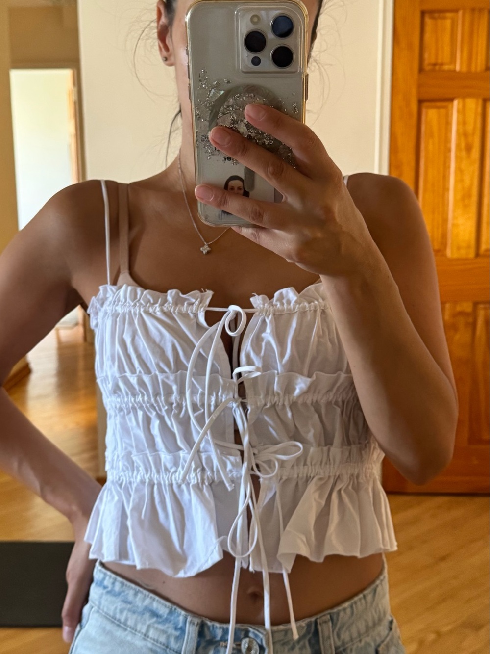 Zara White Ruffle Tie-Front Smocked Camisole